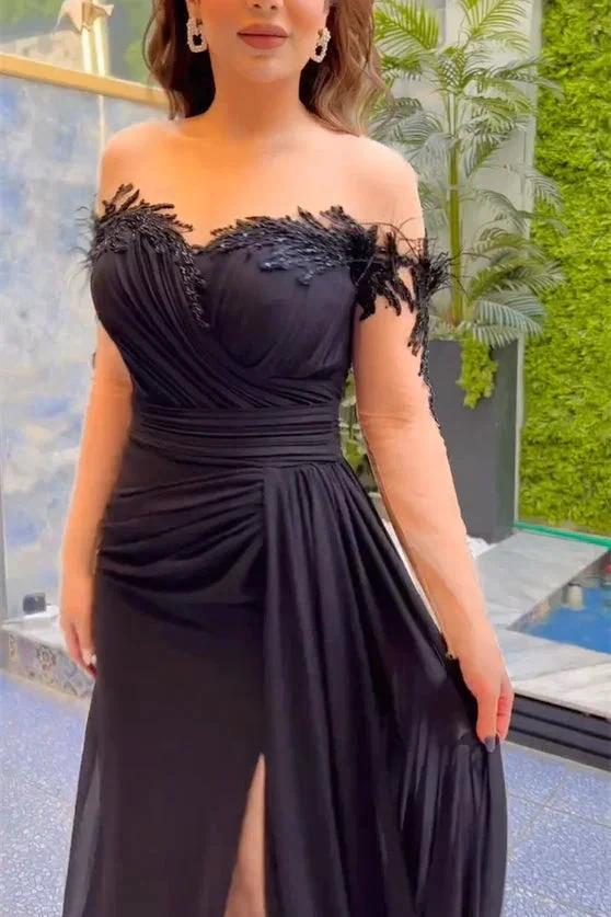 Elegant Long Black Mermaid Chiffon Lace Beading Long Sleeves Prom Dress With Slit by misshow.com