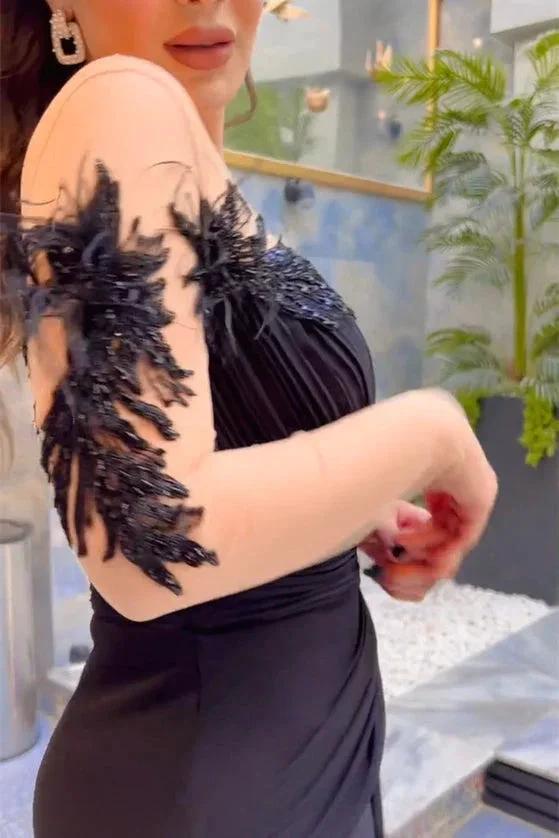 Elegant Long Black Mermaid Chiffon Lace Beading Long Sleeves Prom Dress With Slit by misshow.com