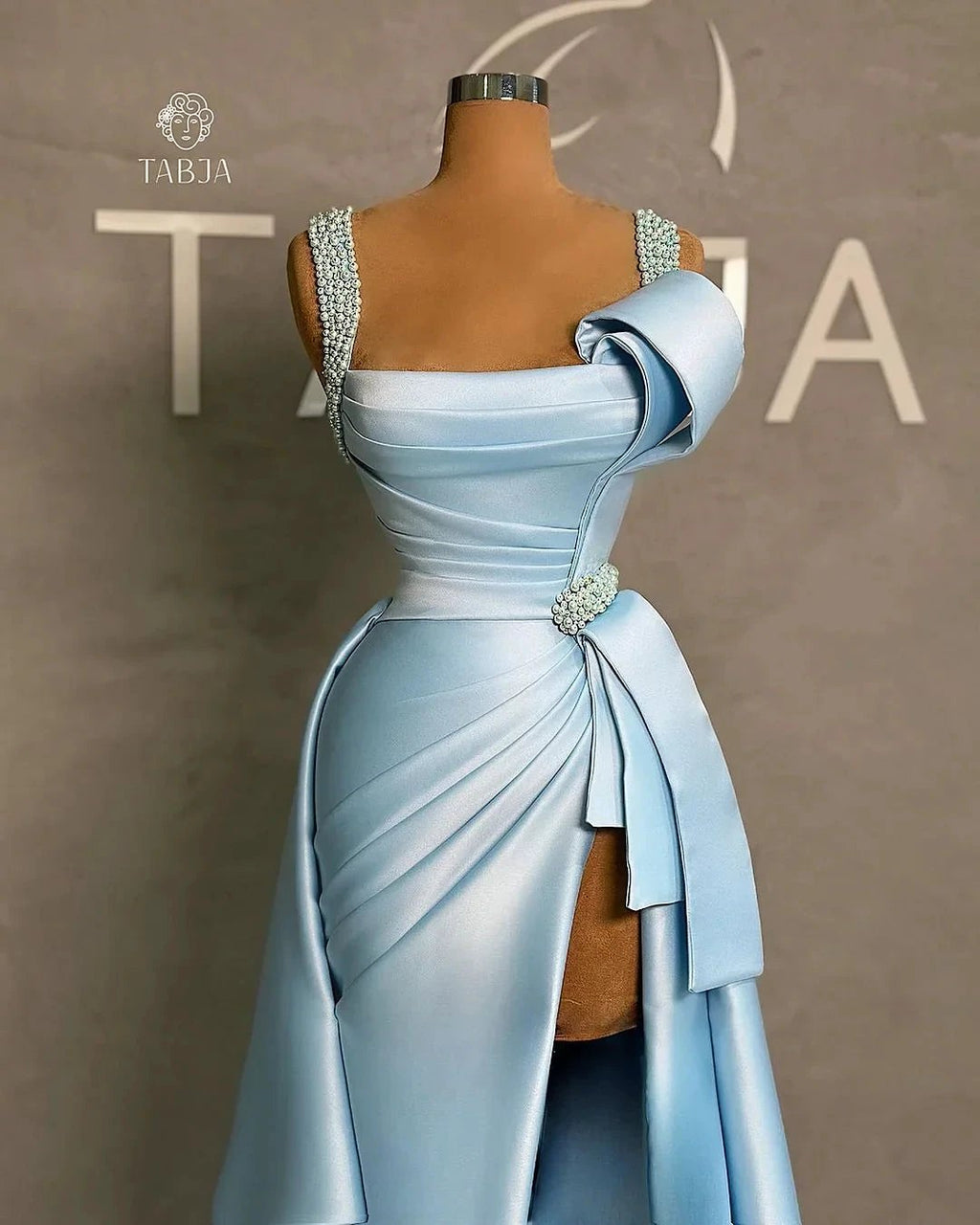 Elegant Long Blue A-line Straps Pearls Sleeveless Prom Dress With Slit by misshow.com