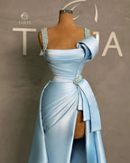 Elegant Long Blue A-line Straps Pearls Sleeveless Prom Dress With Slit by misshow.com