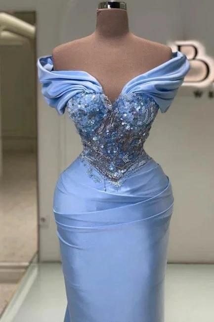 Elegant Long Blue Mermaid Off-the-shoulder Lace Beading Sleeveless Prom Dress by misshow.com