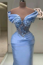 Elegant Long Blue Mermaid Off-the-shoulder Lace Beading Sleeveless Prom Dress by misshow.com