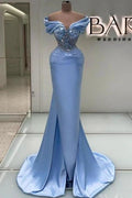 Elegant Long Blue Mermaid Off-the-shoulder Lace Beading Sleeveless Prom Dress by misshow.com
