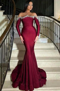 Elegant Long Burgundy Mermaid Rhinestones Prom Dress with Long Sleeves by misshow.com