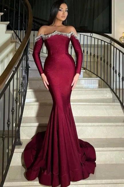 Elegant Long Burgundy Mermaid Rhinestones Prom Dress with Long Sleeves by misshow.com