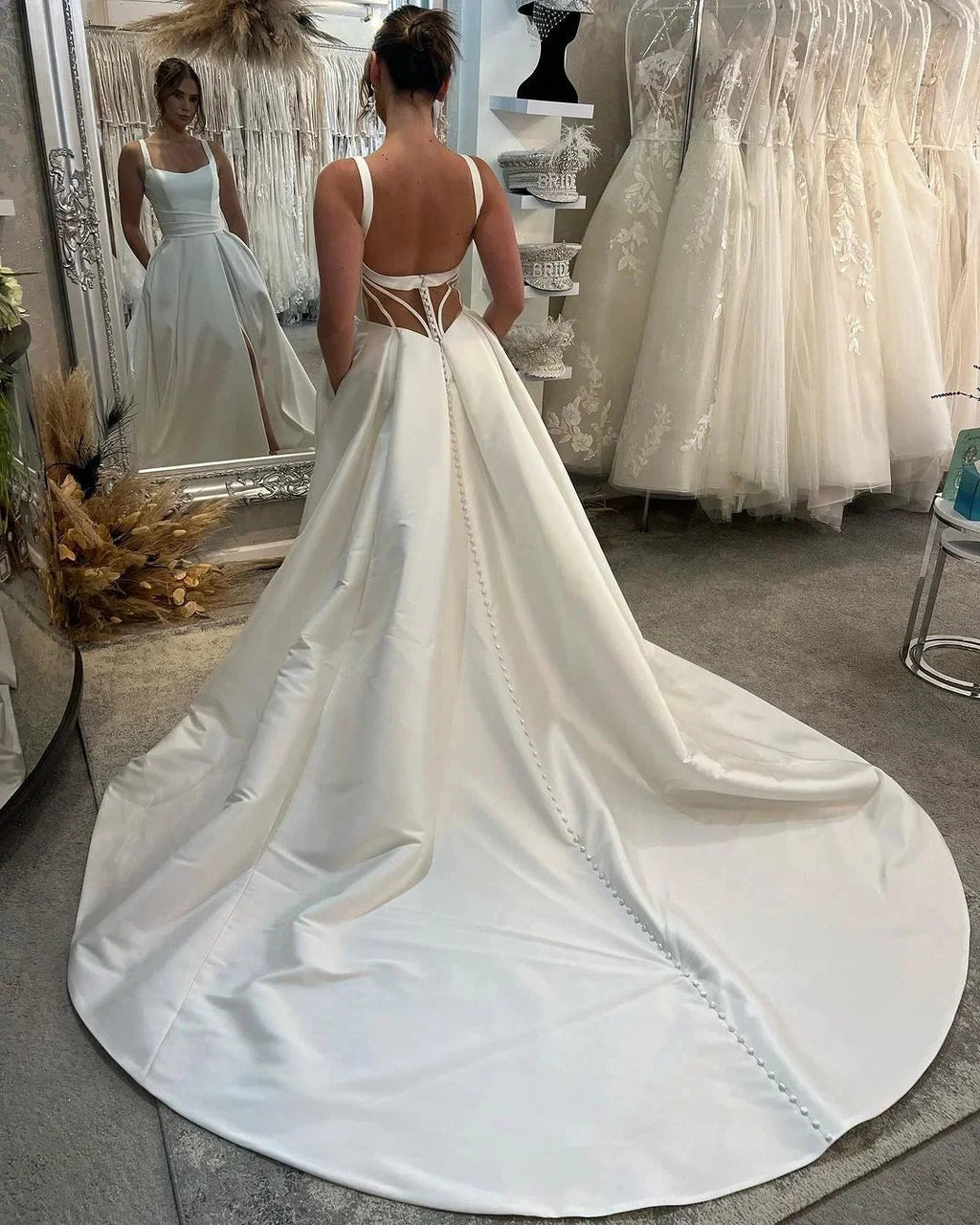 Elegant Long Ivory A-line Straps Satin Sleeveless Backless Wedding Dress With Slit by misshow.com