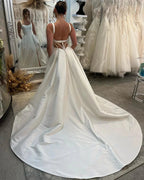 Elegant Long Ivory A-line Straps Satin Sleeveless Backless Wedding Dress With Slit by misshow.com