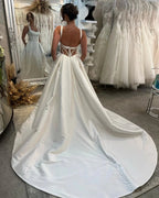 Elegant Long Ivory A-line Straps Satin Sleeveless Backless Wedding Dress With Slit by misshow.com