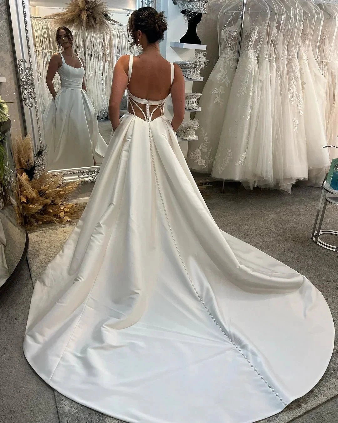 Elegant Long Ivory A-line Straps Satin Sleeveless Backless Wedding Dress With Slit by misshow.com