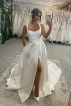 Elegant Long Ivory A-line Straps Satin Sleeveless Backless Wedding Dress With Slit by misshow.com