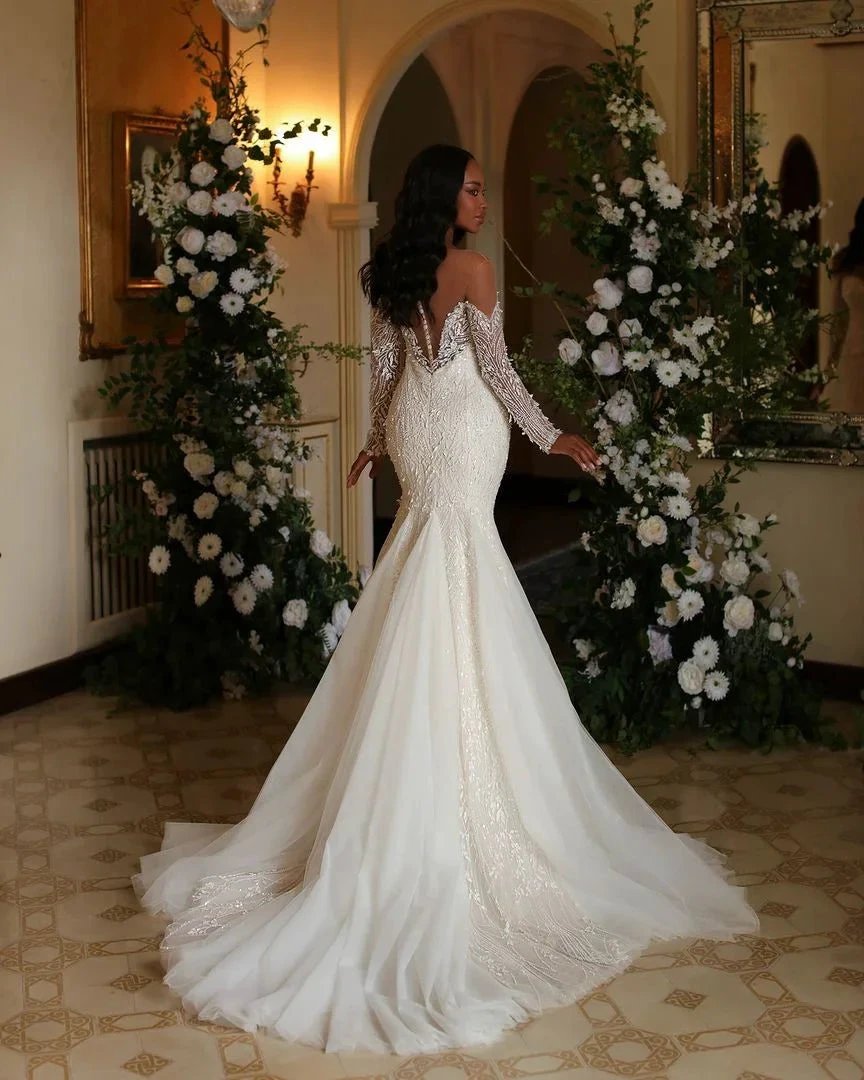 Elegant Long Ivory Mermaid Long Sleeves Lace Tulle Wedding Dress by misshow.com