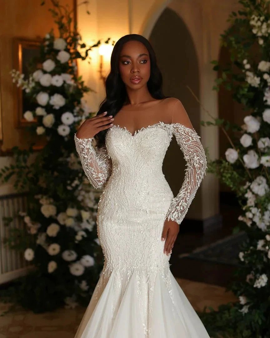 Elegant Long Ivory Mermaid Long Sleeves Lace Tulle Wedding Dress by misshow.com
