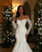 Elegant Long Ivory Mermaid Long Sleeves Lace Tulle Wedding Dress by misshow.com