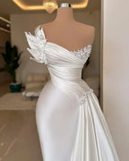 Elegant Long Ivory Mermaid Sleeveless Satin Prom Dress With Pearls by misshow.com