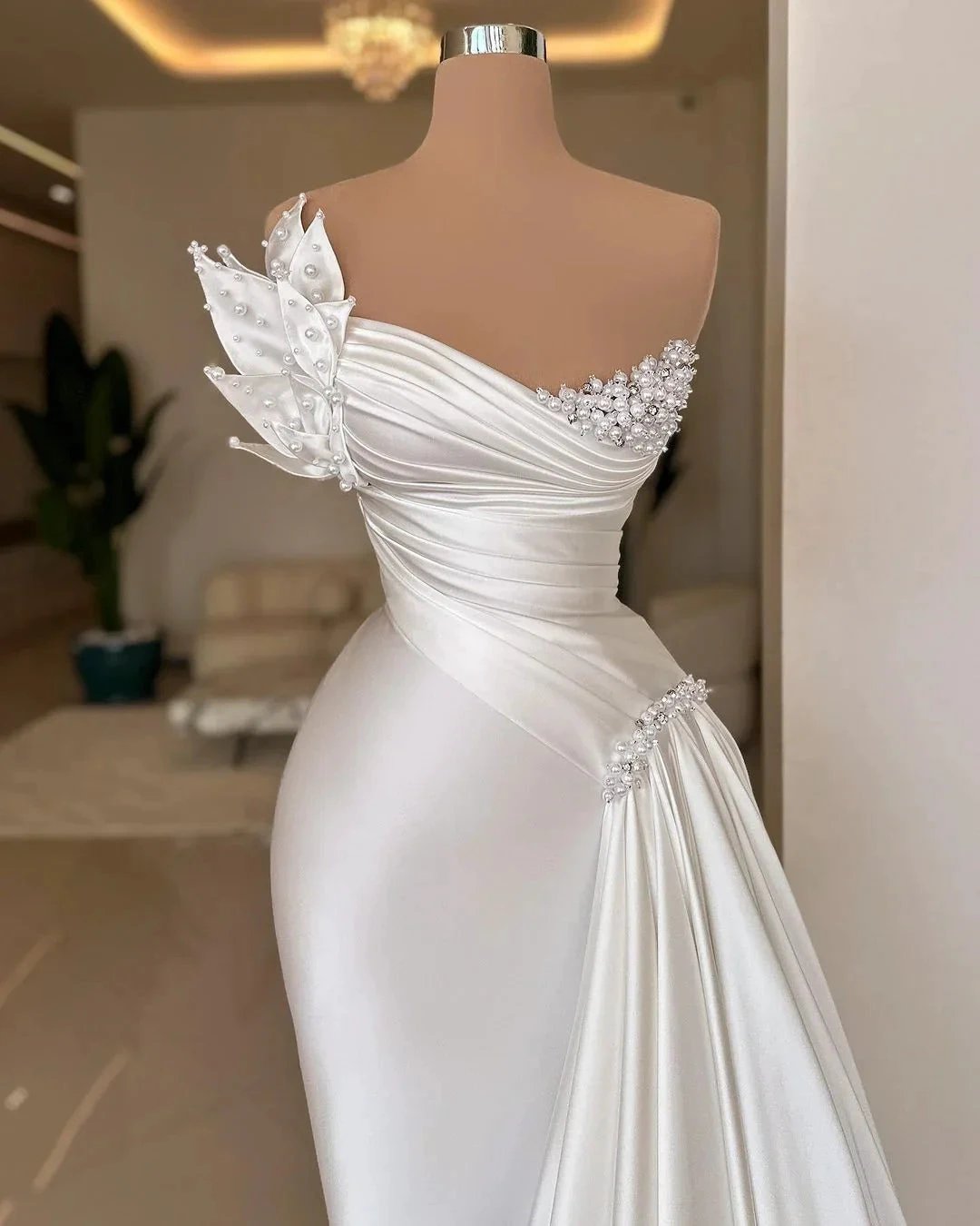 Elegant Long Ivory Mermaid Sleeveless Satin Prom Dress With Pearls by misshow.com