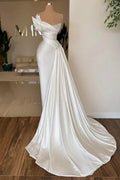 Elegant Long Ivory Mermaid Sleeveless Satin Prom Dress With Pearls by misshow.com