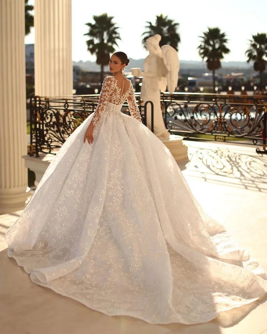 Elegant Long Ivory V-neck Ball Gown Lace Wedding Dress With Long Sleeves by misshow.com