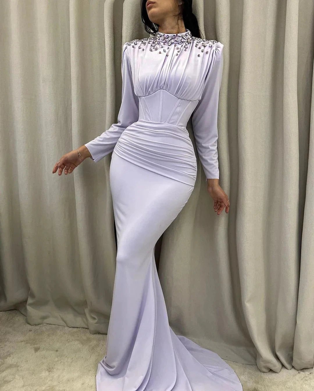 Elegant Long Mermaid High Neck Satin Crystal Prom Dress With Long Sleeves by misshow.com