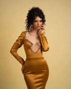 Elegant Long Mermaid Irregular Neckline Satin Rhinestones Prom Dress With Long Sleeves by misshow.com