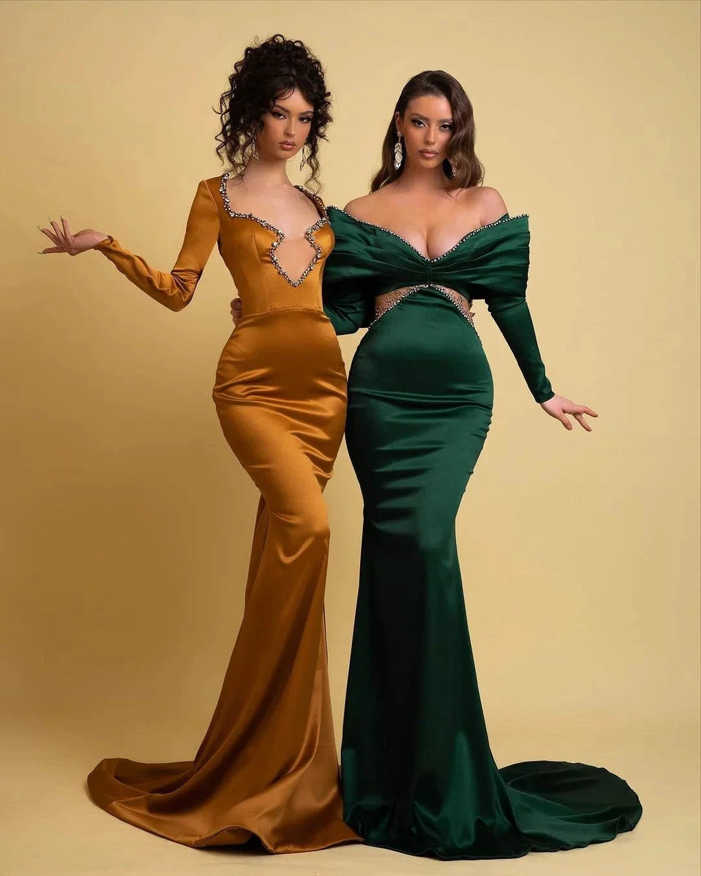 Elegant Long Mermaid Irregular Neckline Satin Rhinestones Prom Dress With Long Sleeves by misshow.com