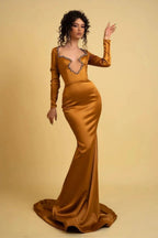 Elegant Long Mermaid Irregular Neckline Satin Rhinestones Prom Dress With Long Sleeves by misshow.com