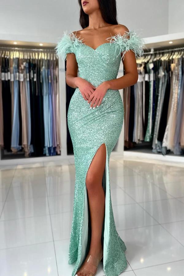 Mermaid Off-the-Shoulder Sequined Fur Long Prom Dresses with Split by BIZTUNNEL
