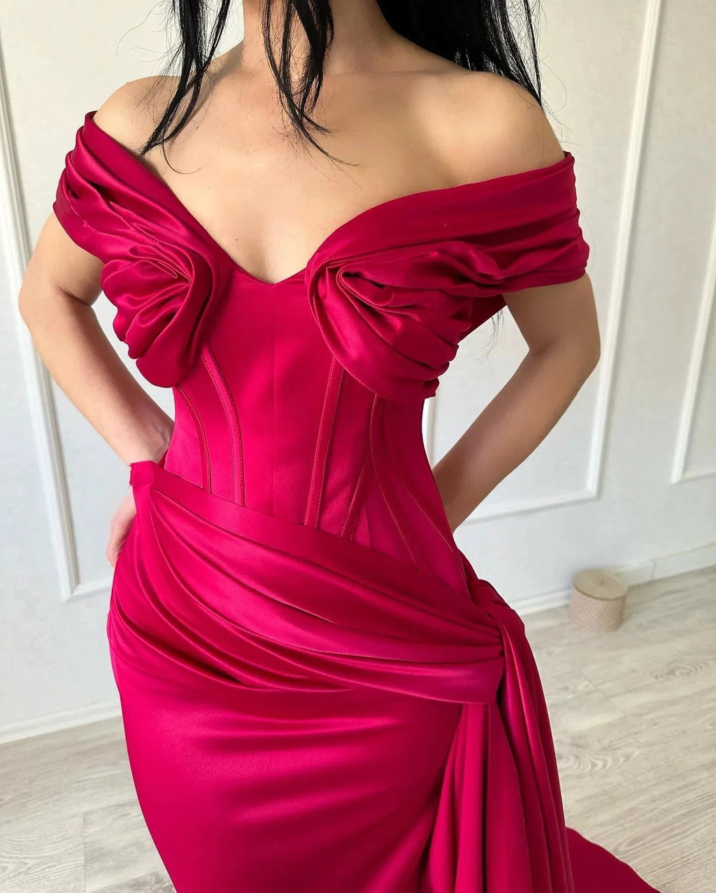 Elegant Long Mermaid Off-the-shoulder Sleeveless V-neck Satin Fuchsia Prom Dress by misshow.com