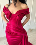 Elegant Long Mermaid Off-the-shoulder Sleeveless V-neck Satin Fuchsia Prom Dress by misshow.com