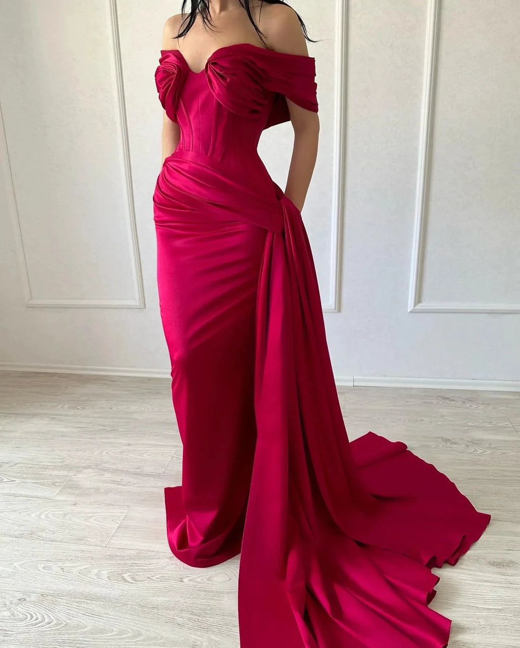 Elegant Long Mermaid Off-the-shoulder Sleeveless V-neck Satin Fuchsia Prom Dress by misshow.com