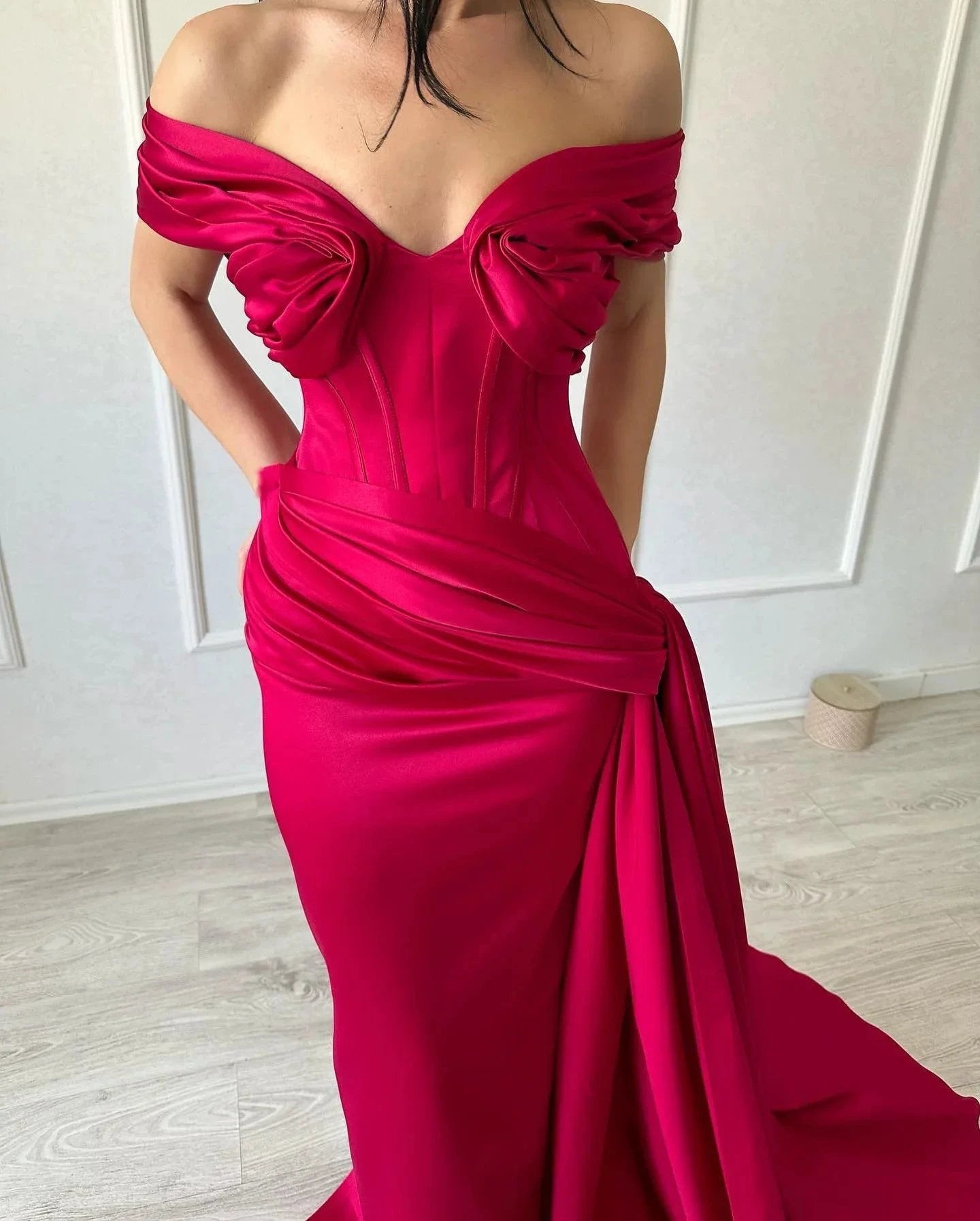 Elegant Long Mermaid Off-the-shoulder Sleeveless V-neck Satin Fuchsia Prom Dress by misshow.com