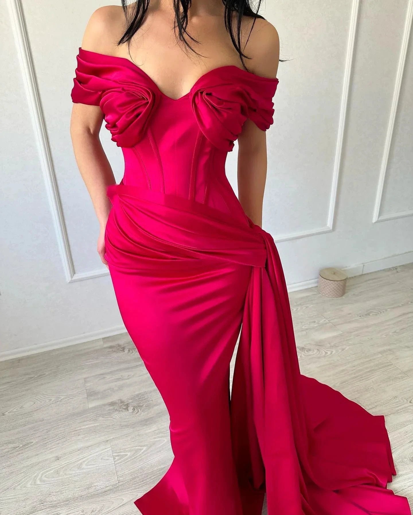 Elegant Long Mermaid Off-the-shoulder Sleeveless V-neck Satin Fuchsia Prom Dress by misshow.com