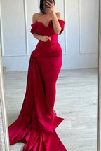 Elegant Long Mermaid Off-the-shoulder Sleeveless V-neck Satin Fuchsia Prom Dress by misshow.com