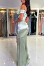 Elegant Long Mermaid Simple Spaghetti Straps Off-the-shoulder Satin Prom Dress With Slit by misshow.com