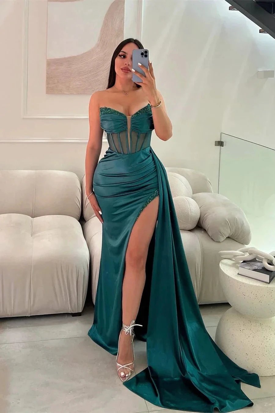 Elegant Long Mermaid Sleeveless Glitter Prom Dress With Slit by misshow.com
