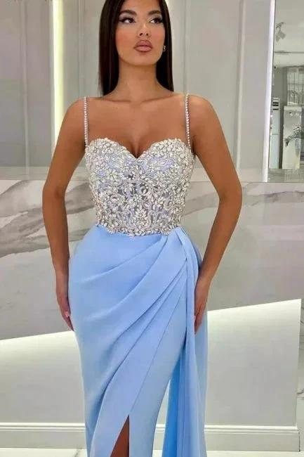 Elegant Long Mermaid Spaghetti Straps Sweetheart Glitter Prom Dress With Slit by misshow.com