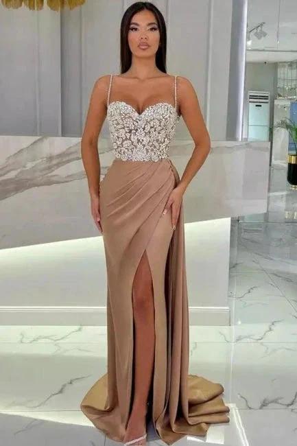 Elegant Long Mermaid Spaghetti Straps Sweetheart Glitter Prom Dress With Slit by misshow.com