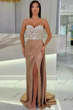 Elegant Long Mermaid Spaghetti Straps Sweetheart Glitter Prom Dress With Slit by misshow.com