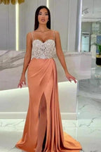 Elegant Long Mermaid Spaghetti Straps Sweetheart Glitter Prom Dress With Slit by misshow.com