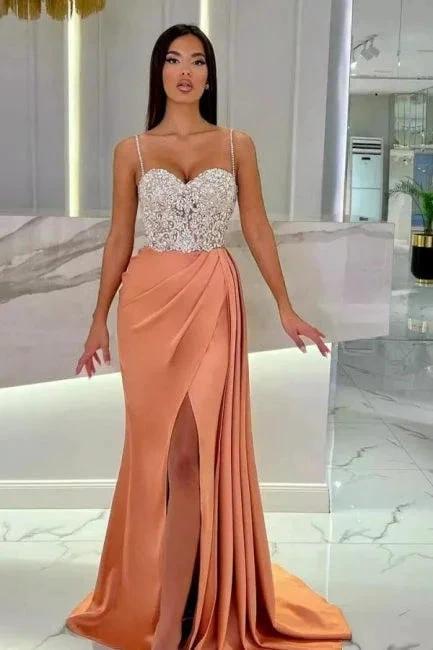 Elegant Long Mermaid Spaghetti Straps Sweetheart Glitter Prom Dress With Slit by misshow.com