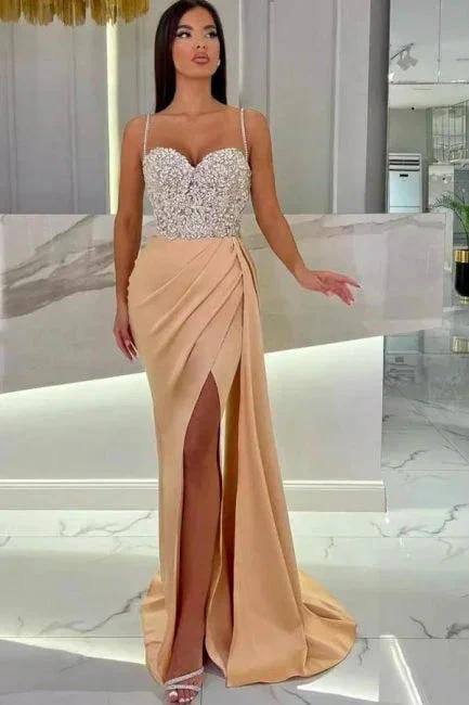 Elegant Long Mermaid Spaghetti Straps Sweetheart Glitter Prom Dress With Slit by misshow.com