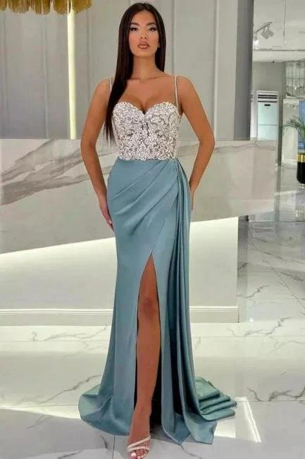 Elegant Long Mermaid Spaghetti Straps Sweetheart Glitter Prom Dress With Slit by misshow.com