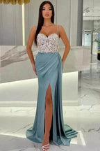 Elegant Long Mermaid Spaghetti Straps Sweetheart Glitter Prom Dress With Slit by misshow.com