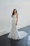 Elegant Long Mermaid V-neck Sleeveless Wedding Dresses With Lace by misshow.com