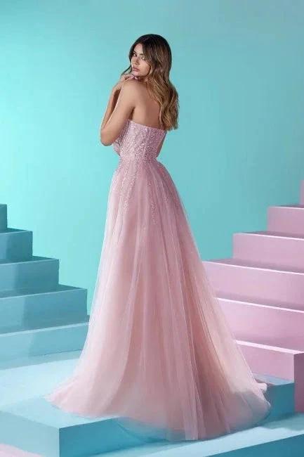 Elegant Long Pink A-line Strapless Lace Glitter Prom Dress With Slit by misshow.com