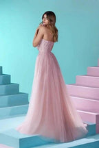 Elegant Long Pink A-line Strapless Lace Glitter Prom Dress With Slit by misshow.com