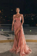 Elegant Long Pink Spaghetti Straps Sexy Lace Prom Dress With Slit by misshow.com