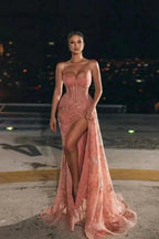 Elegant Long Pink Spaghetti Straps Sexy Lace Prom Dress With Slit by misshow.com
