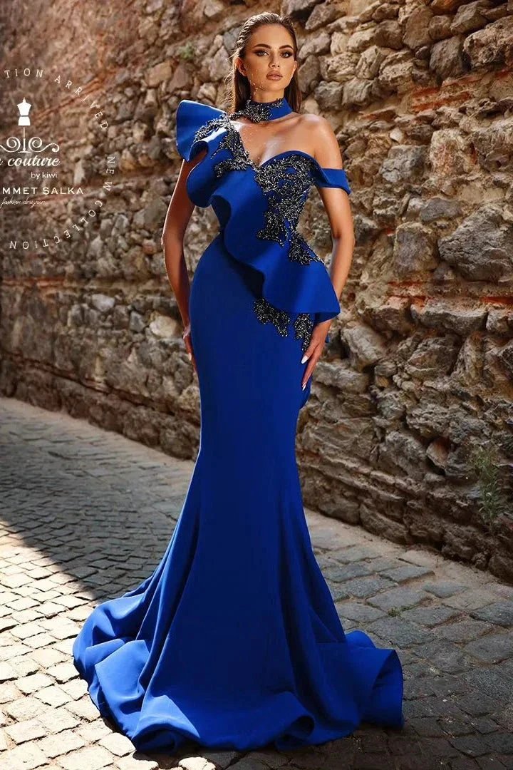 Elegant Long Royal Blue One Shoulder Mermaid Beading Lace Prom Dress With Ruffles by misshow.com