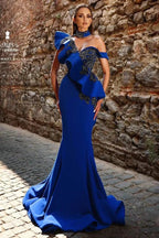 Elegant Long Royal Blue One Shoulder Mermaid Beading Lace Prom Dress With Ruffles by misshow.com