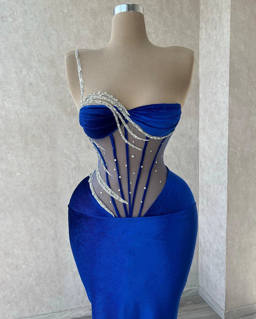Elegant Long Royal Blue One Shoulder Mermaid Sequined Beading Prom Dress With Lace by misshow.com